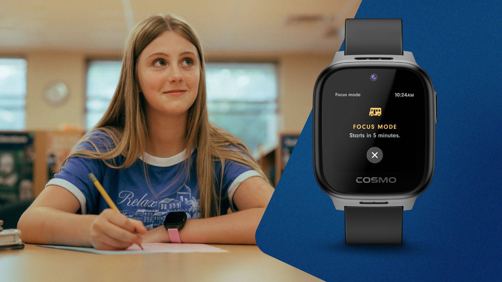 Cosmo smart watch in classroom setting showing Focus Mode active